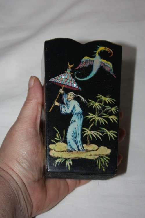 PAIR BLACK LACQUERED ORIENTAL CONTAINERS WITH MOTHER OF PEARL DETAIL