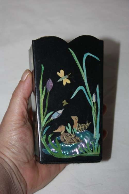 PAIR BLACK LACQUERED ORIENTAL CONTAINERS WITH MOTHER OF PEARL DETAIL