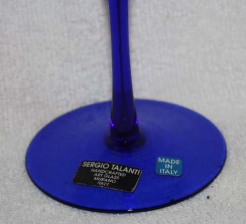 BEAUTIFUL BLUE SERGIO TALANTI HANDCRAFTED ART WINE GLASS MURANO ITALY HAS LABELS ON BASE