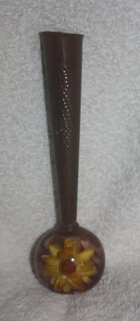VINTAGE VASE COPPER STEM PERSPEX BULB BOTTOM ENCASING WILD FLOWERS VERY UNUSUAL