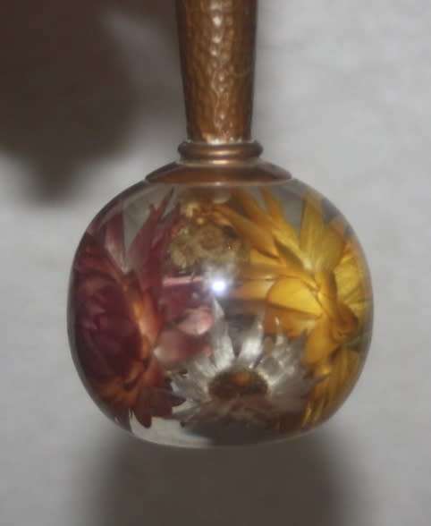 VINTAGE VASE COPPER STEM PERSPEX BULB BOTTOM ENCASING WILD FLOWERS VERY UNUSUAL