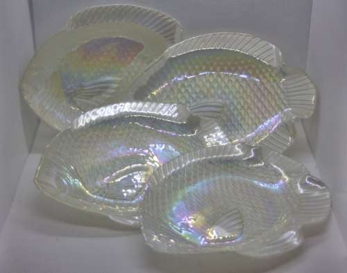 FOUR WHITE LUSTERWARE FISH DISHES PERFECT AS A DISPLAY