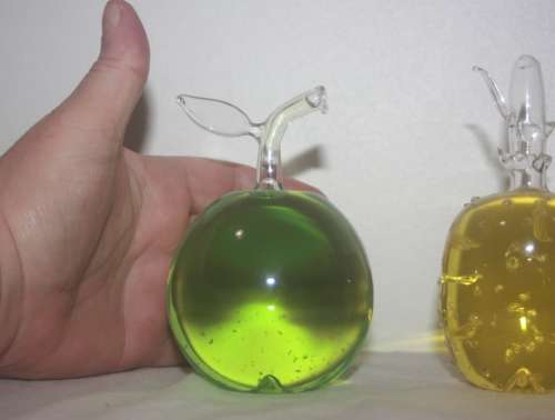 GLASS TRIO OF FRUIT FILLED WITH COLOURED LIQUID APPLE  PEAR AND PINEAPPLE