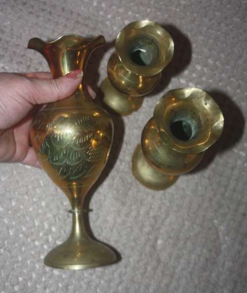 BEAUTIFUL TRIO OF BRASS VASES WITH FLUTED EDGE TAKE A LOOK