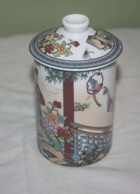 ORIENTAL DECAL COFFEE MUG WITH LID GARDEN SCENES