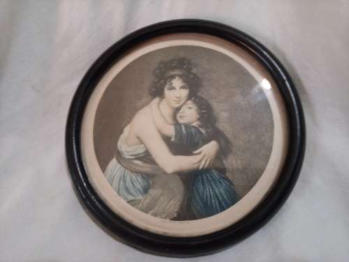 Vintage French frame round wooden edging print behind glass depicting madam  LeBun and daughter