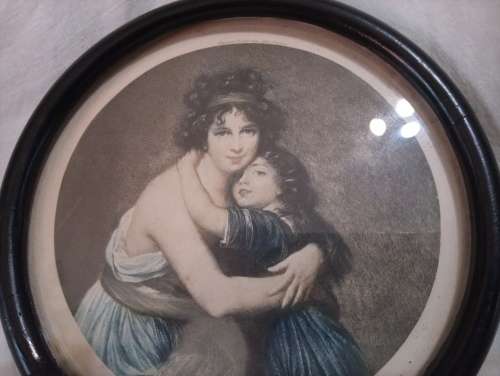 Vintage French frame round wooden edging print behind glass depicting madam  LeBun and daughter