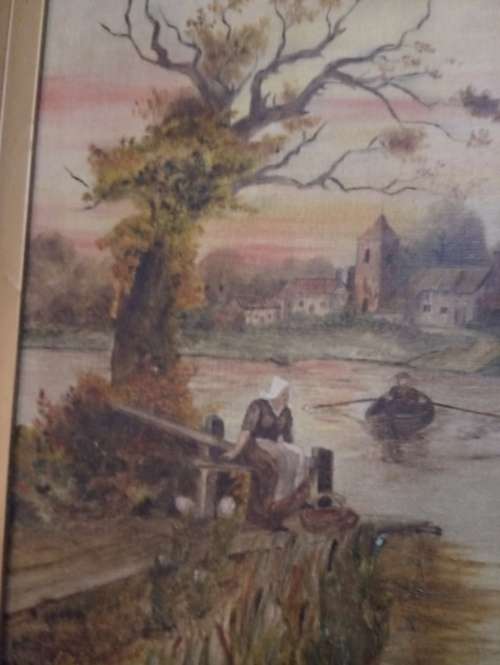 Ferryman painting in style of old dutch artists dated 1917 signed MB (R)