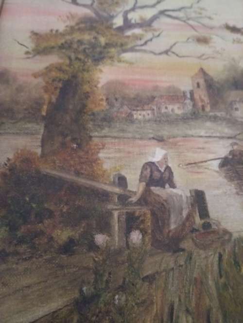 Ferryman painting in style of old dutch artists dated 1917 signed MB (R)