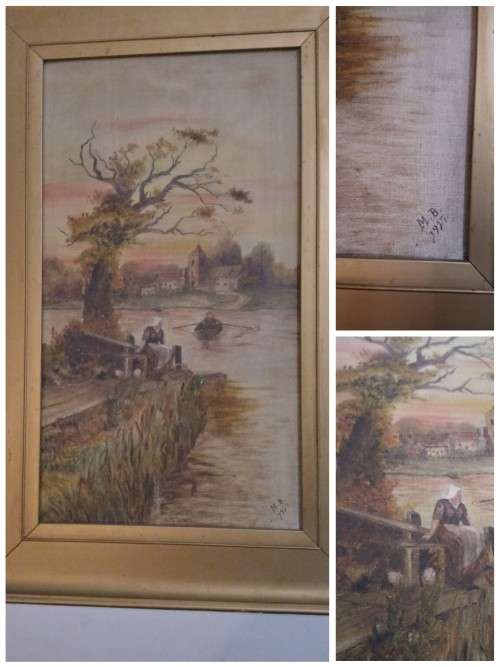 Ferryman painting in style of old dutch artists dated 1917 signed MB (R)