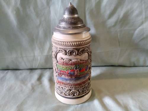 Vintage German beer Stein with pewter lid stamp in lid ZINN Stamped underneath made in Germany
