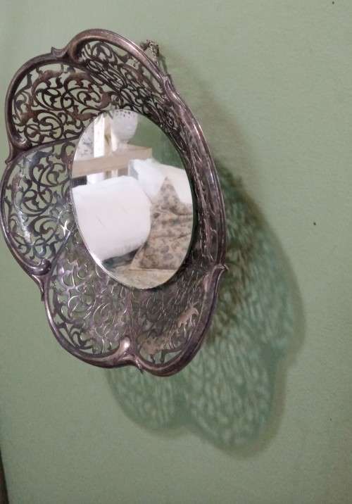 Repurposed vintage. Decorative mirror from epns frett work bowl.