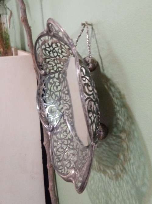 Repurposed vintage. Decorative mirror from epns frett work bowl.