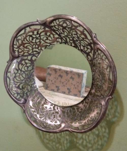 Repurposed vintage. Decorative mirror from epns frett work bowl.