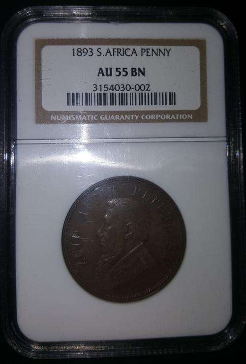 ZAR 1893 PENNY NGC GRADED AU55 BN