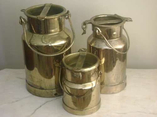 3 LARGE VINTAGE BRASS PLATED MILK CANS (SOLD TOGETHER AS ONE LOT)