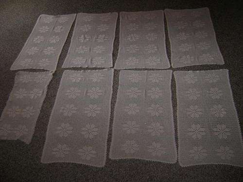 HAND CROCHET ITEMS:-  MATCHING SET OF 7 ARMCHAIR COVERS + COFFEE TABLE CLOTH