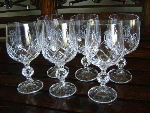 6 CUT CRYSTAL WINE GLASSES WITH ETCHINGS "CHAMBER OF MINES 1987 SAFETY AWARD"