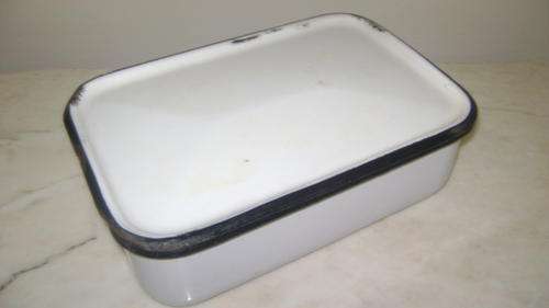 Large and heavy very old enamel dish with original lid