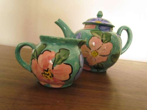 Green and pink Teapot and Milk Jug