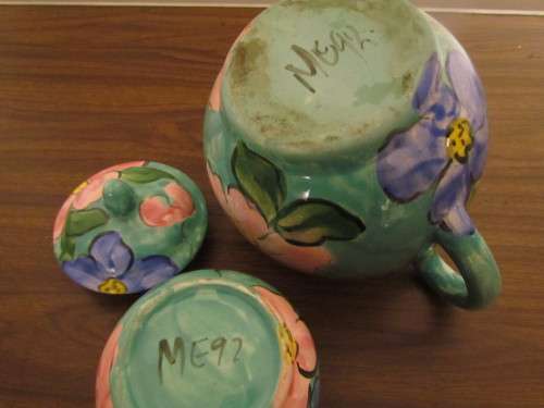 Green and pink Teapot and Milk Jug