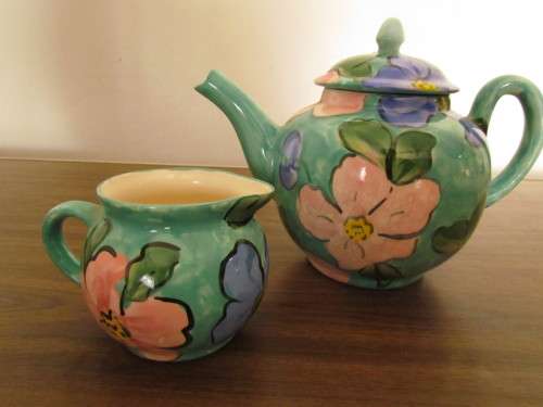 Green and pink Teapot and Milk Jug