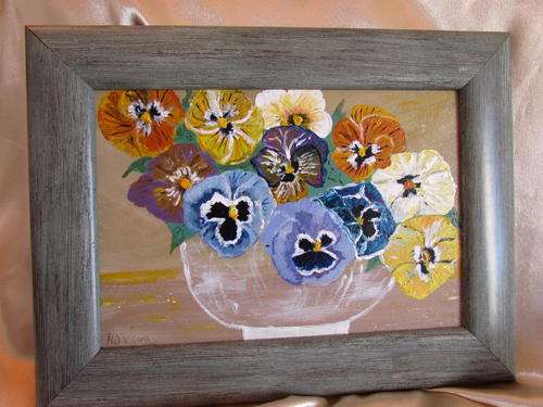 A ORIGINAL PAINTING DONE BY H D VILJOEN OF PANSIES FRAMED IN A LOVELY GREENISH FRAME!!!!