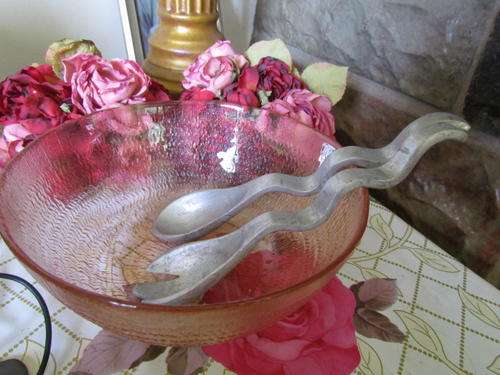 A ROSE PINK PRESSED GLASS BOWL AND A SET OF SALAD SPOONS!!