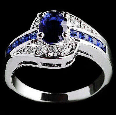 Women Blue Sapphire White Silver Ring!!99% OFF!!