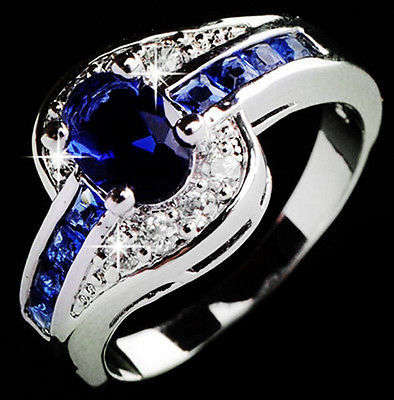 Women Blue Sapphire White Silver Ring!!99% OFF!!