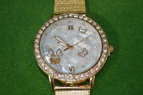 LADIES GOLD, PEARL, RHINESTONE AND BUTTERFLY WATCH