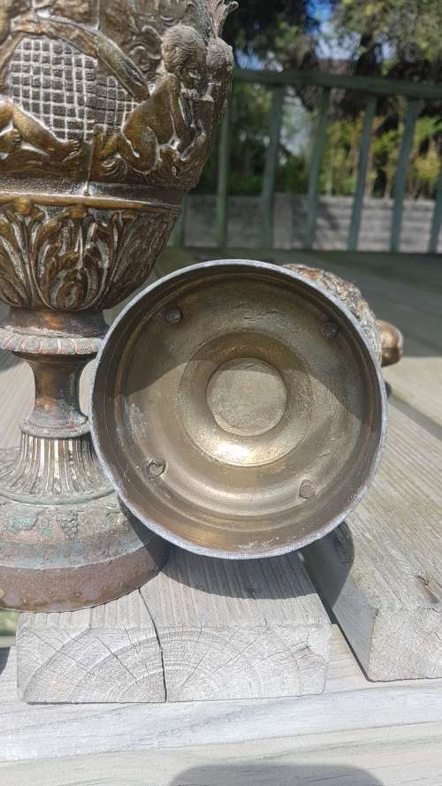 Pair of Vintage embossed 36cm cherub urns