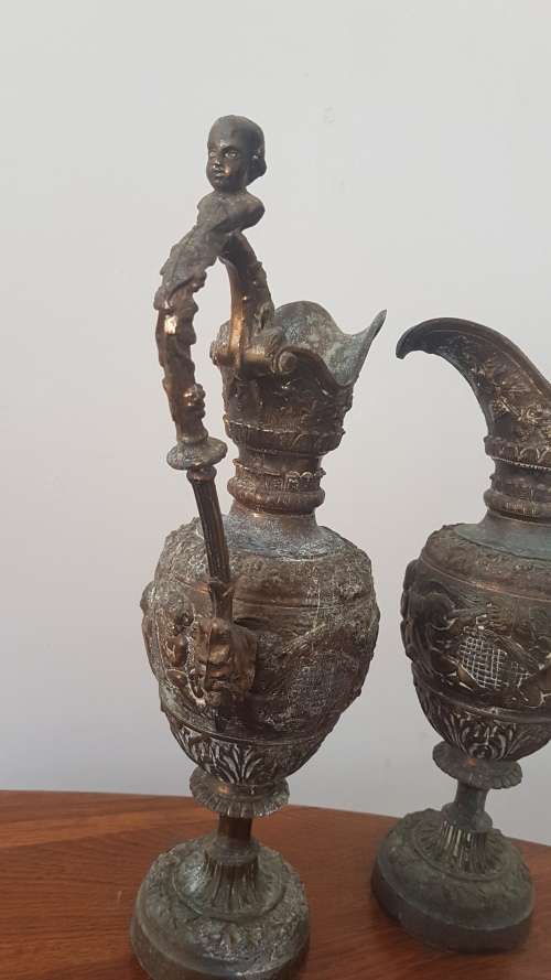 Pair of Vintage embossed 36cm cherub urns