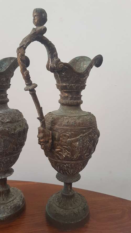 Pair of Vintage embossed 36cm cherub urns