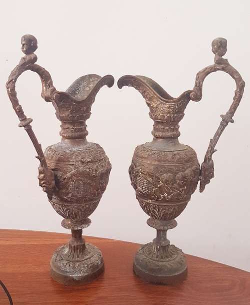 Pair of Vintage embossed 36cm cherub urns