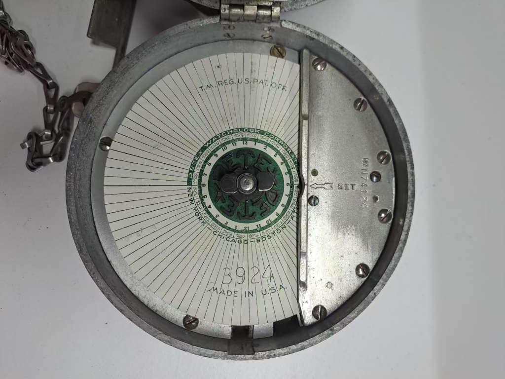 Detex Newman night watchmans clock with leather case and keys, ticking