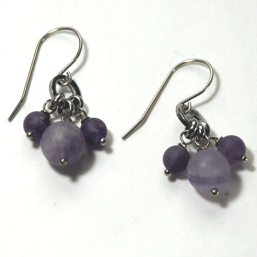 Atenea handmade Natural frosted Amethyst cluster earrings on stainless steel earwire