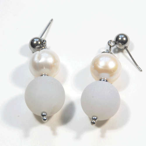 Atenea handmade White druzy quartz earrings with pearls & studs