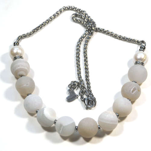 Atenea handmade White Druzy quartz necklace with white pearls & stainless steel chain & clasp