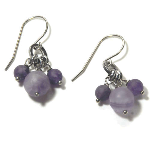 Atenea handmade Natural frosted Amethyst cluster earrings on stainless steel earwire