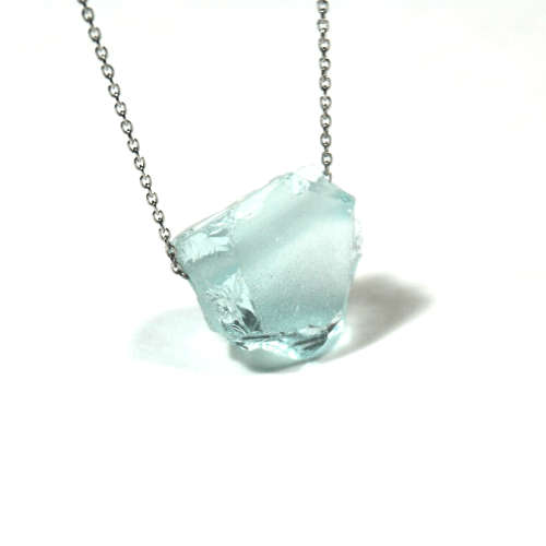 Atenea handmade Floating raw Aquamarine quartz nugget necklace on stainless steel chain & clasp