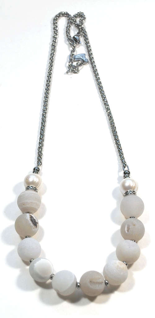 Atenea handmade White Druzy quartz necklace with white pearls & stainless steel chain & clasp