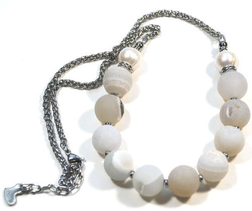 Atenea handmade White Druzy quartz necklace with white pearls & stainless steel chain & clasp