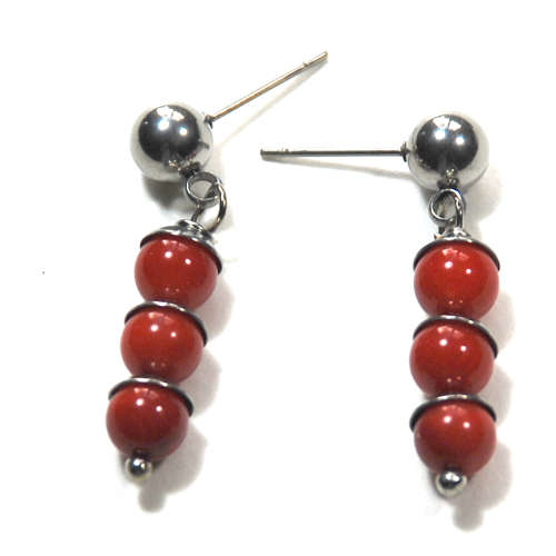 Atenea handmade Natural Red Coral stack on stainless steel studs