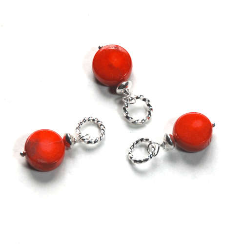 Atenea 925 Add a Dangle handmade natural red Coral coin gemstone pendant on 925 sterling silver
