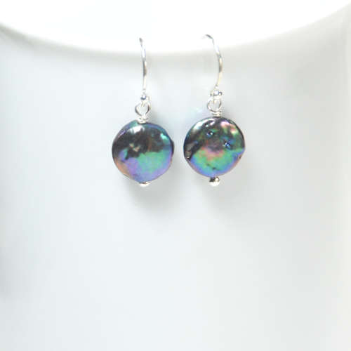 Atenea handmade 10mm Peacock freshwater coin pearl earrings on sterling silver