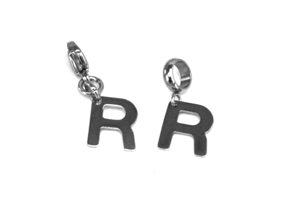 Letter R stainless steel initial alphabet dangle charm pendant - on clasp or large hole slider