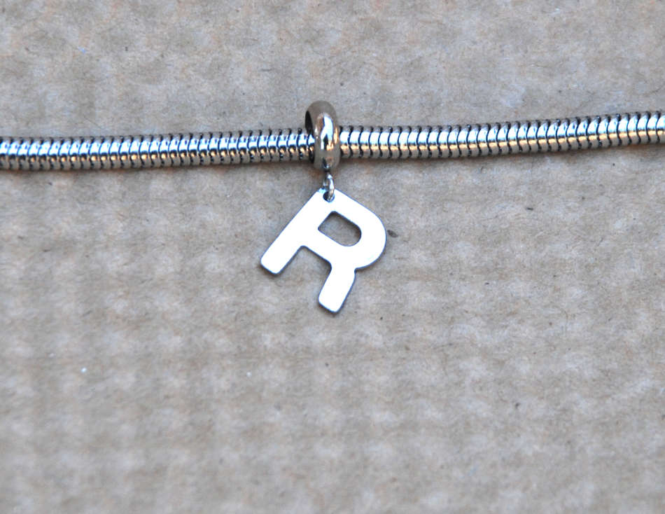 Letter R stainless steel initial alphabet dangle charm pendant - on clasp or large hole slider