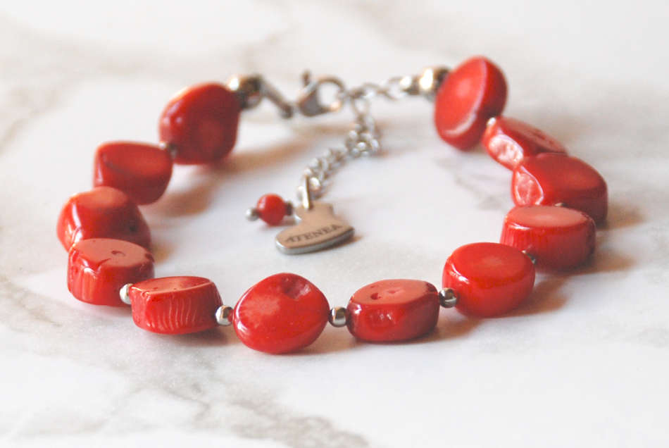 Natural Red Coral Coin bracelet on stainless steel
