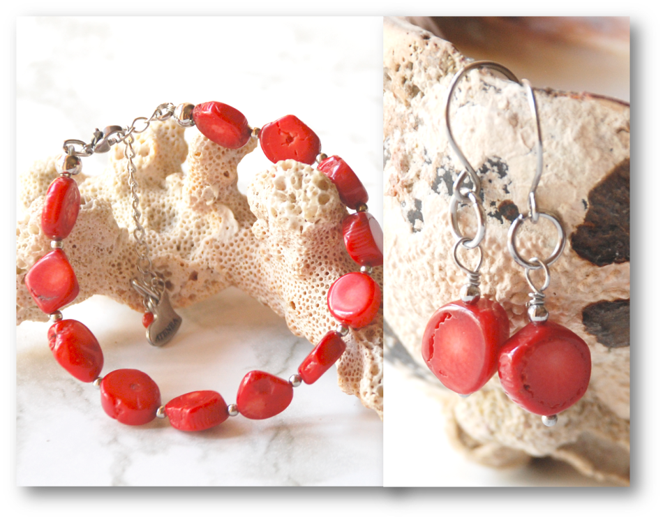 Natural Red Coral Coin bracelet on stainless steel